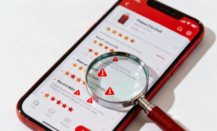 A magnifying glass over a smartphone screen revealing fake five-star reviews — learn how to spot fake online reviews before buying