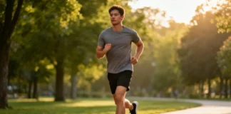 A beginner Improve Running jogging on a park path with correct upright posture, arms at 90 degrees, landing mid-foot under hips