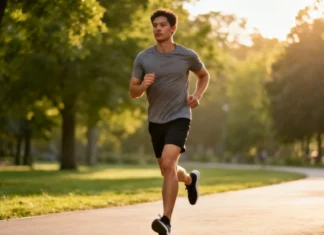 Improve Running Form Without Gear: Step-by-Step Beginner Guide A beginner Improve Running jogging on a park path with correct upright posture, arms at 90 degrees, landing mid-foot under hips