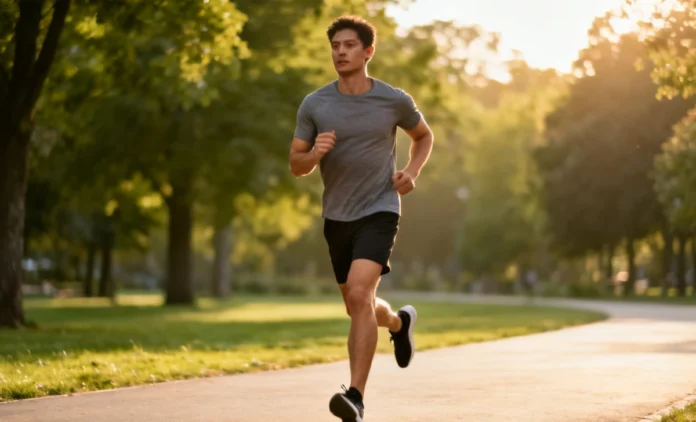 improve-running-form-beginner-guide A beginner Improve Running jogging on a park path with correct upright posture, arms at 90 degrees, landing mid-foot under hips