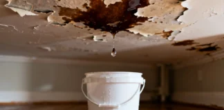 Leaking ceiling mold repair — water stain and active drip on residential ceiling with bucket below