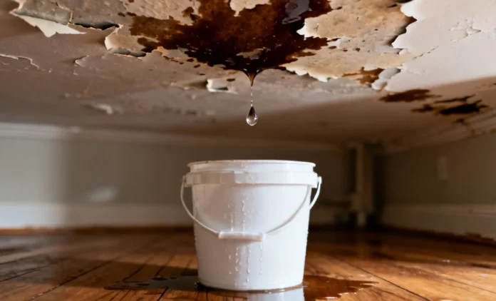 Leaking ceiling mold repair — water stain and active drip on residential ceiling with bucket below