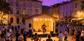 Traveler discovering local live entertainment when traveling abroad at a live concert in a city square at dusk