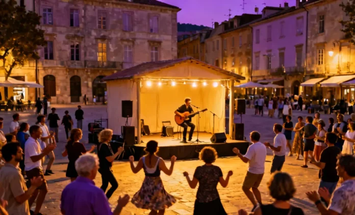 Traveler discovering local live entertainment when traveling abroad at a live concert in a city square at dusk