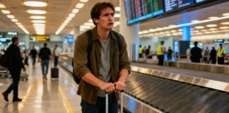 Traveler standing at empty airport baggage carousel after lost luggage at airport