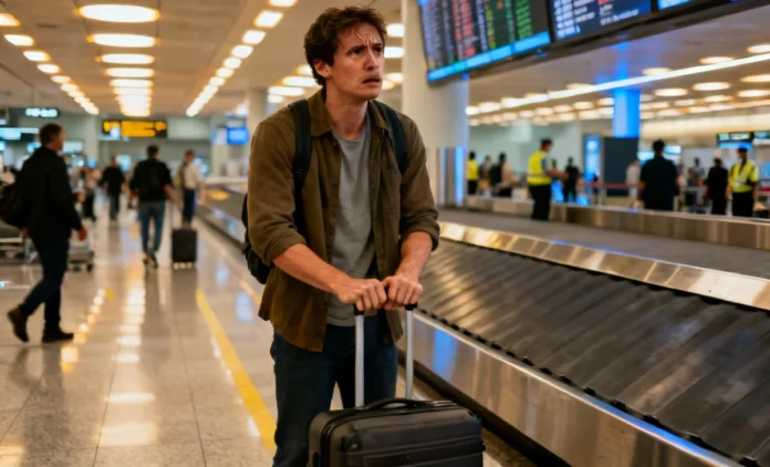 lost-luggage-at-airport-baggage-carousel Traveler standing at empty airport baggage carousel after lost luggage at airport