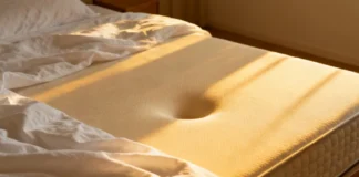 Close-up of a sagging mattress surface that may be causing back pain — mattress causing back pain visible dip