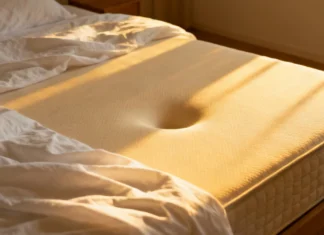 Is Your Mattress Causing Back Pain? 4 At-Home Tests to Find Out (2026) Close-up of a sagging mattress surface that may be causing back pain — mattress causing back pain visible dip