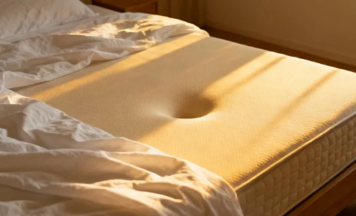 How a sagging mattress causes back pain — visual guide 2026 Close-up of a sagging mattress surface that may be causing back pain — mattress causing back pain visible dip