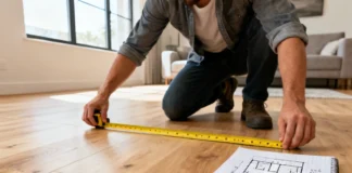Person using a tape measure to measure a room flooring installation