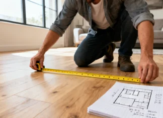 How to Measure a Room Flooring: Accurate 2026 Guide for Homeowners Person using a tape measure to measure a room flooring installation