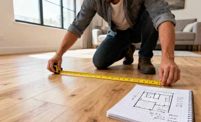 Person using a tape measure to measure a room flooring installation