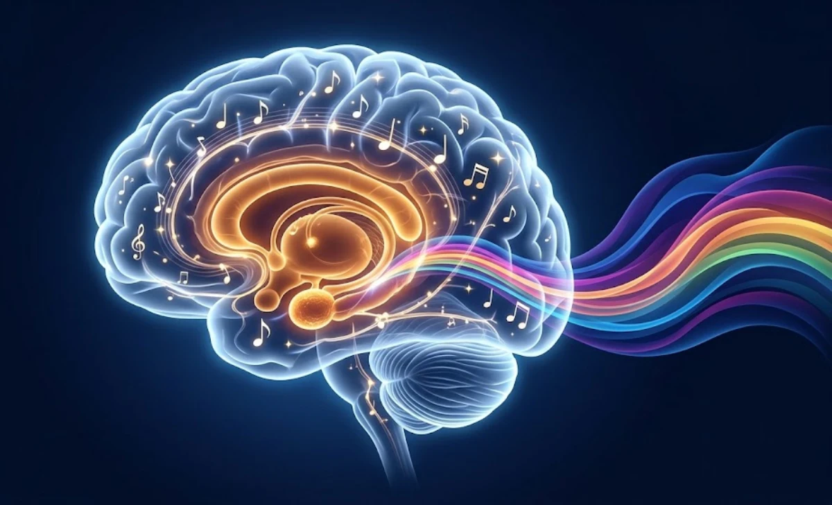 Human brain lighting up with sound waves showing emotional response to music without language