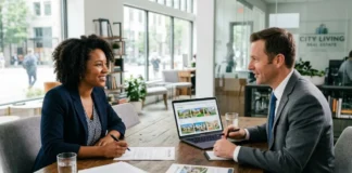 Buyer and agent reviewing offer to negotiate lower price buying home