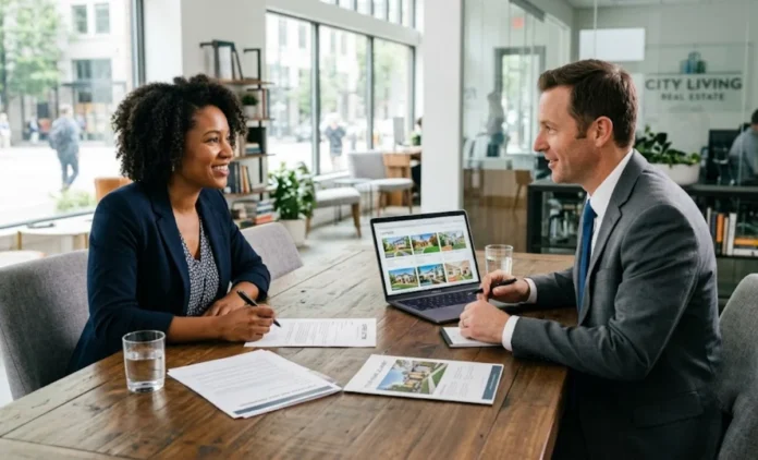Buyer and agent reviewing offer to negotiate lower price buying home