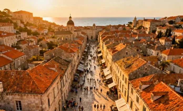 Aerial view of overtourism effects on travelers at a crowded European coastal city with cruise ships in harbor