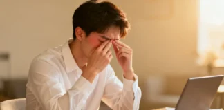 How to reduce eye strain from screens — person resting eyes at a home office desk