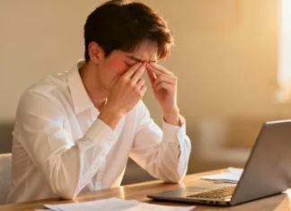 How to Reduce Eye Strain From Screens Without Glasses How to reduce eye strain from screens — person resting eyes at a home office desk