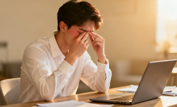 reduce-eye-strain-from-screens How to reduce eye strain from screens — person resting eyes at a home office desk