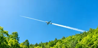 Airplane flying over green forest — how to reduce travel carbon footprint