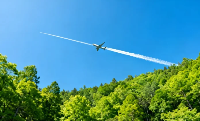 Airplane flying over green forest — how to reduce travel carbon footprint