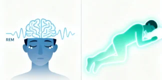 Split illustration comparing REM vs deep sleep showing brain activity and physical recovery