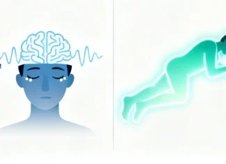REM vs Deep Sleep: Key Differences, Benefits & How to Improve Both Split illustration comparing REM vs deep sleep showing brain activity and physical recovery