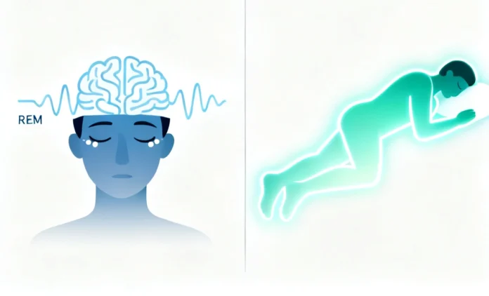 Split illustration comparing REM vs deep sleep showing brain activity and physical recovery