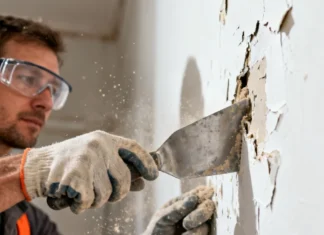 How to Remove Old Paint from Walls: A Step-by-Step Guide for Beginners A person using a scraper to remove old paint from walls while wearing safety gloves and goggles during home renovation.