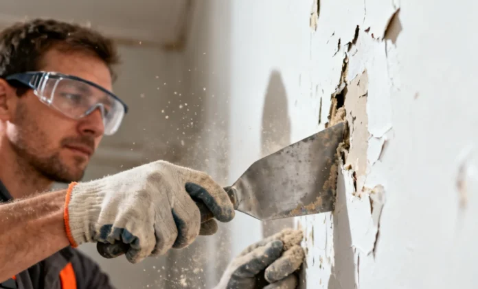remove-old-paint-from-walls-guide A person using a scraper to remove old paint from walls while wearing safety gloves and goggles during home renovation.