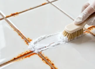 How to Remove Rust Stains from Bathroom Tiles (Step-by-Step Guide) Close-up of a person scrubbing rust stains off white remove rust stains from bathroom tiles using a brush and natural cleaning solution