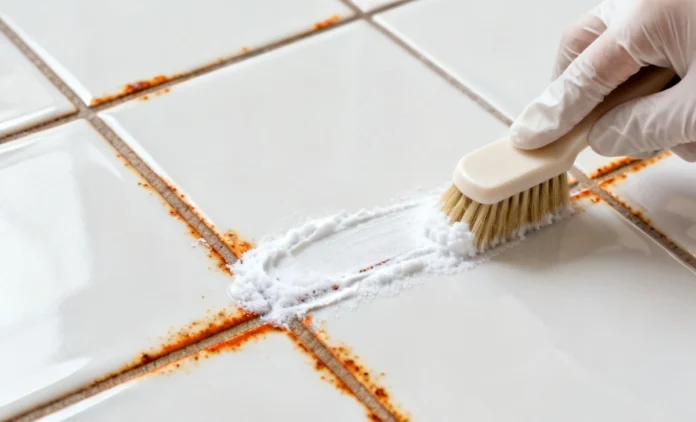 remove-rust-stains-bathroom-tiles Close-up of a person scrubbing rust stains off white remove rust stains from bathroom tiles using a brush and natural cleaning solution