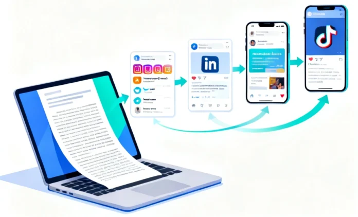 Infographic showing how to repurpose article into social posts across 5 platforms including Instagram, Twitter, and LinkedIn
