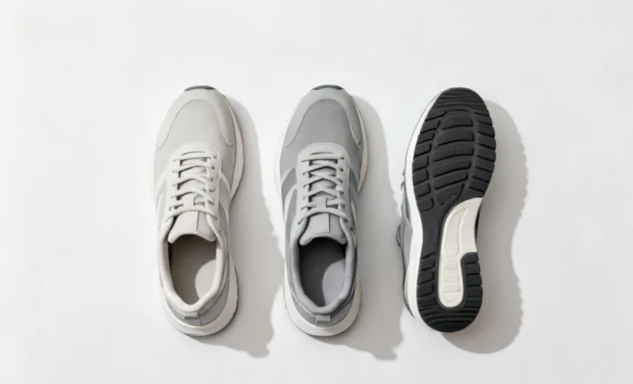 running-shoes-for-arch-type-guide Three running shoes side by side for flat, neutral and high arch foot types on a clean white surface — running shoes for arch type comparison guide 2026