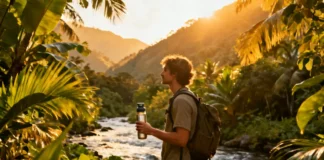 Traveler using filter bottle for safe drinking water traveling abroad