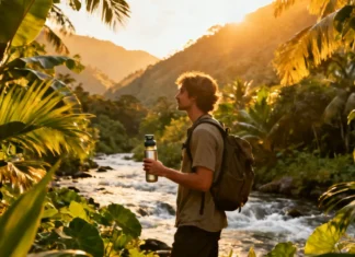 How to Find Safe Drinking Water Traveling Abroad Complete Guide Traveler using filter bottle for safe drinking water traveling abroad