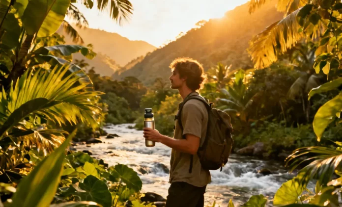 Safe Drinking Water Traveling Abroad — Filter Bottle Guide Traveler using filter bottle for safe drinking water traveling abroad