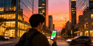 Traveler checking safe neighborhoods in unfamiliar cities using a smartphone map at night