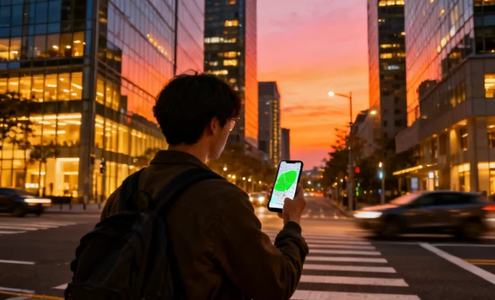 Traveler checking safe neighborhoods in unfamiliar cities using a smartphone map at night