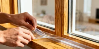 Person sealing window gaps without damage using weatherstripping on a wooden frame