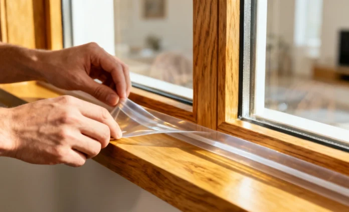 Person sealing window gaps without damage using weatherstripping on a wooden frame