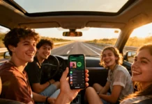 How to Create a Shared Playlist Road Trip Everyone Will Love Friends creating a shared playlist road trip on Spotify inside a car