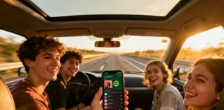 Friends creating a shared playlist road trip on Spotify inside a car