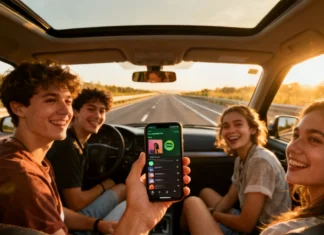 How to Create a Shared Playlist Road Trip Everyone Will Love Friends creating a shared playlist road trip on Spotify inside a car