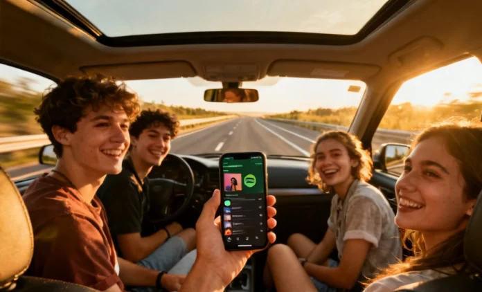 How to Create a Shared Playlist for a Road Trip Friends creating a shared playlist road trip on Spotify inside a car