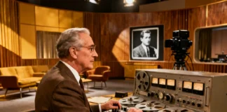 Sitcom laugh tracks history — 1950s sound engineer operating a reel-to-reel Laff Box machine in a vintage TV studio