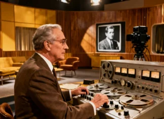 Sitcom Laugh Tracks History: Why the Same Laughs Still Air Today Sitcom laugh tracks history — 1950s sound engineer operating a reel-to-reel Laff Box machine in a vintage TV studio