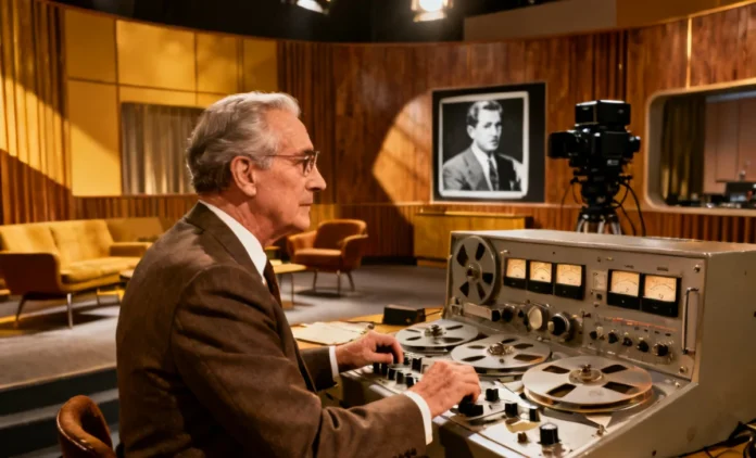 The Origin of Sitcom Laugh Tracks History in 1950s Television Sitcom laugh tracks history — 1950s sound engineer operating a reel-to-reel Laff Box machine in a vintage TV studio