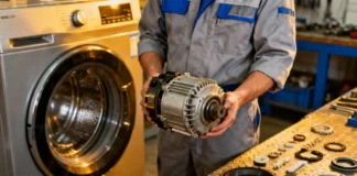 Technician holding standardized appliance spare parts next to an open washing machine in a repair workshop
