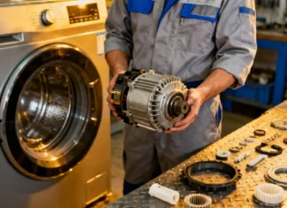Standardized Appliance Spare Parts 2026: Big Brands Finally Fix the Repair Problem Technician holding standardized appliance spare parts next to an open washing machine in a repair workshop